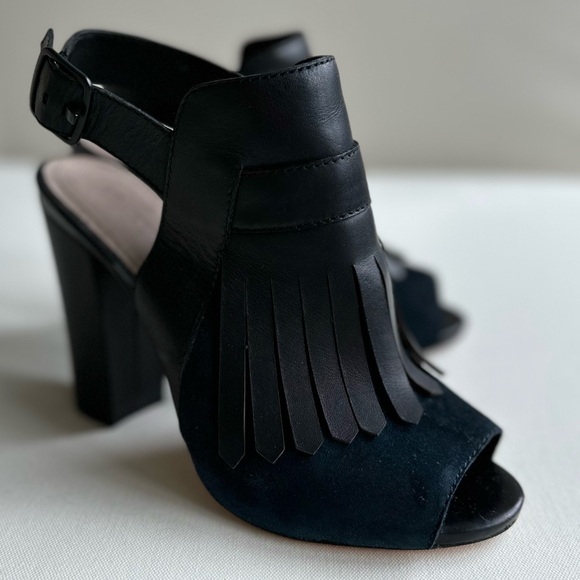 POUR La VICTOIRE Elyse Navy Suede w/Black Leather Fringe Heel - Picture 3 of 8